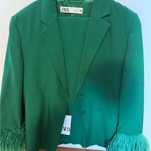 Zara Women's Emerald Blazer with Feathered Cuffs